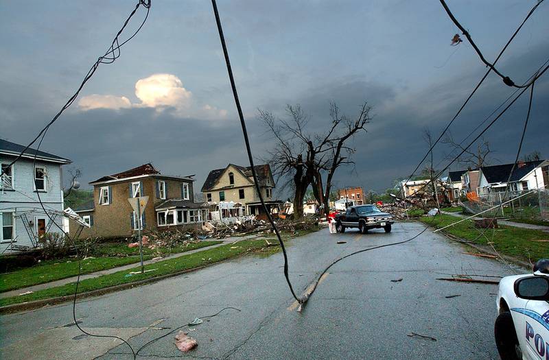 A view of the intersection of Illinois Route 71 and Church Street on the day of the tornado on Tuesday, April 20, 2004 in Utica.