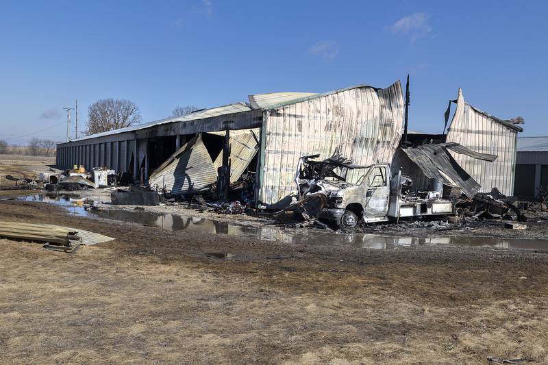 Burned-up remains are left at the scene of a fire Thursday, Feb. 27, 2025, in Sterling. The fire broke out early Thursday morning at 25590 W. Rock Falls Road.
