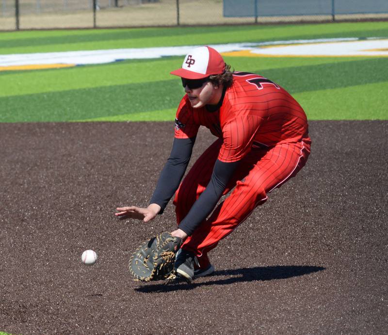Erie-Prophetstown's Eli Heyvaert fields a ground ball during  a Saturday, March 22, 2025 game in Sterling.