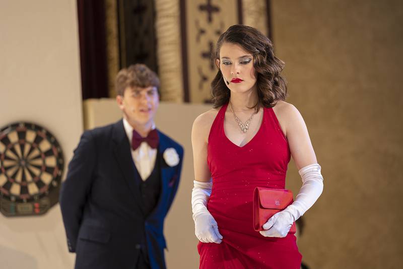 Olivia Payne, playing Zara Dare, rehearses with Owen Winters, as Victor Winslow, Wednesday, Oct. 30, 2024, at Dixon High School. The drama club is performing “Thirteen Past Midnight,” this Friday and Saturday at 7pm and Sunday at 2pm.