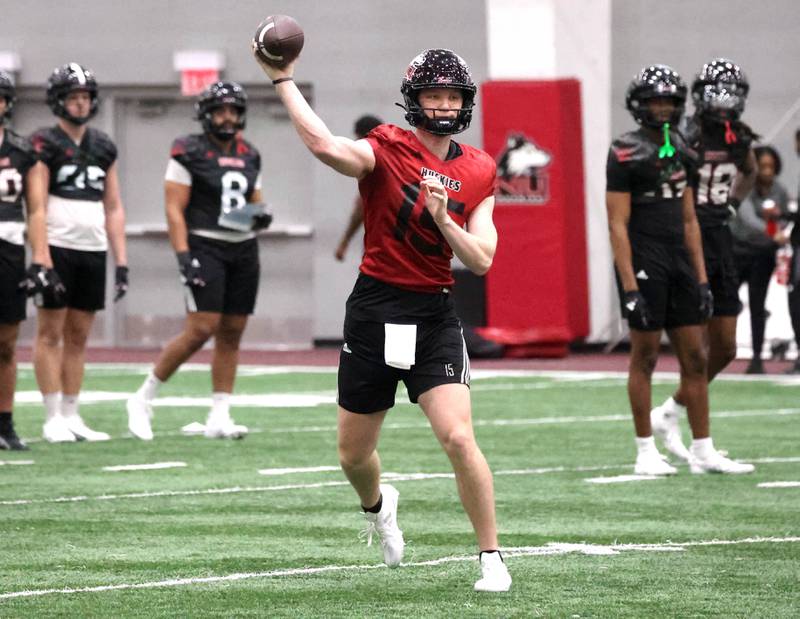 Northern Illinois quarterback Josh Holst, from Marengo, delivers a pass during the first spring football practice Thursday, March 27, 2025, in the Chessick Practice Center at NIU in DeKalb.