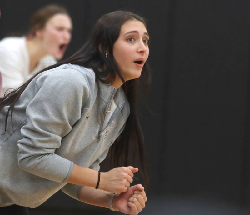 Prairie Ridge’s Maizy Agnello keeps a close eye on the action as the Wolves polish off a three-set win over St. Viator in IHSA Class 3A Super-Sectional girls volleyball at Streamwood High School in Streamwood on Monday, November 10, 2025.