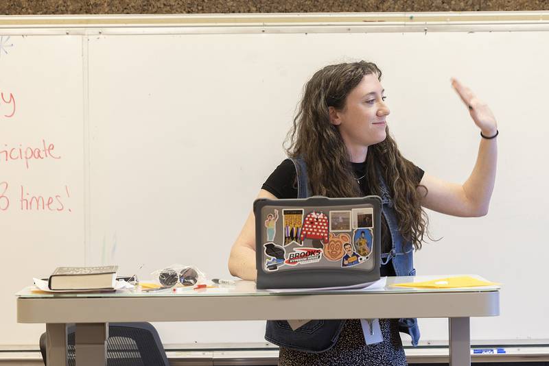 Challand Middle School social studies teacher Megan Grady greets her class Thursday, March 27, 2025, in Sterling.