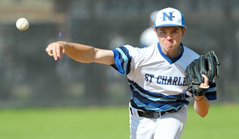 St. Charles North’s Josh Caccia pitches to Lake Park in a baseball game in St. Charles on Wednesday, May 8, 2024.