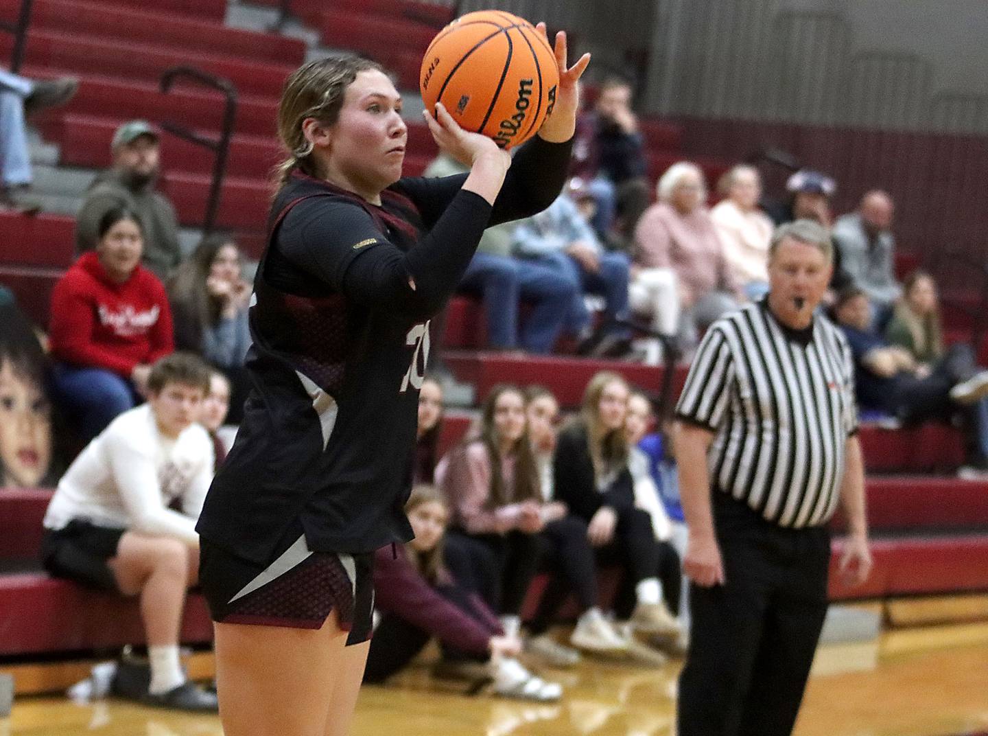 Marengo’s Macy Noe takes an outside shot against St. Edwards in IHSA Regional Championship girls basketball on Thursday, Feb. 19, 2026, at Marengo High School in Marengo.