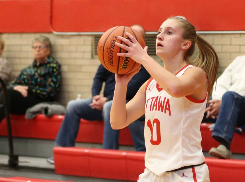 Ottawa's Ella Schmitz shoots a wide open jump shot against Canton during the Lady Pirate Holiday Tournament on Wednesday, Dec. 21, 2022 in Ottawa.