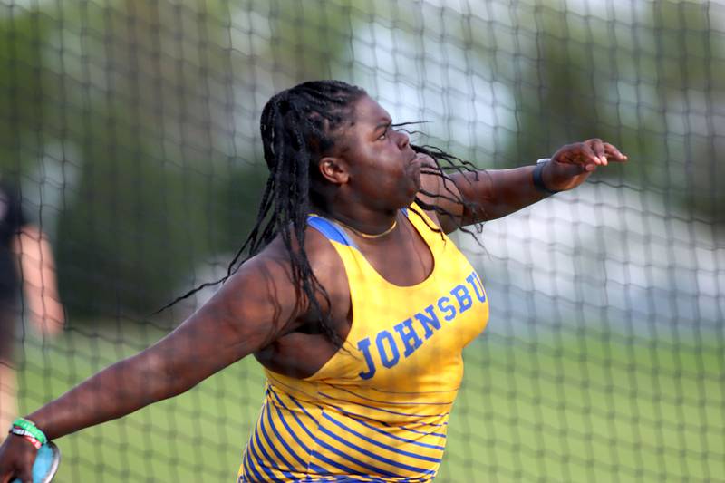 Johnsburg’s Stori Hurckes competes in the discus during KRC Conference Track Meet action at Marengo High School in Marengo on Tuesday, May 6, 2025.