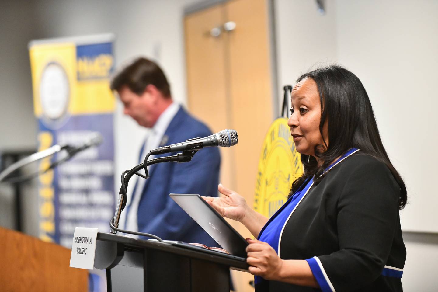 Kankakee Democratic mayoral candidate Genevra Walters responds to a question during the Kankakee County NAACP Candidates Forum with incumbent Kankakee Mayor Chris Curtis on Tuesday, March 11, 2025, at Kankakee Community College.
