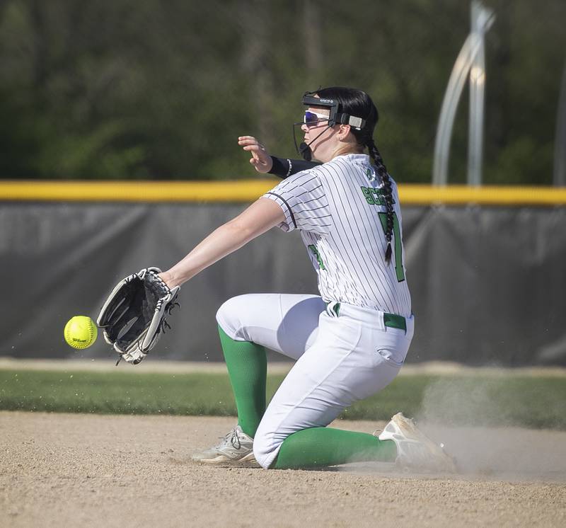 Rock Falls’ Kendra Scott snags a one-hopper against Oregon Wednesday, April 22, 2026.