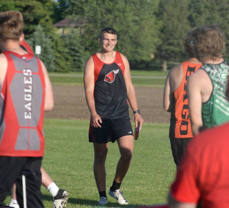 Forreston's Hunter DeWall smiles after taking second in the discus at the 1A Oregon Sectional at Landers-Loomis Field on Friday, May 23, 2025 and advancing to the state meet at Eastern Illinois University.