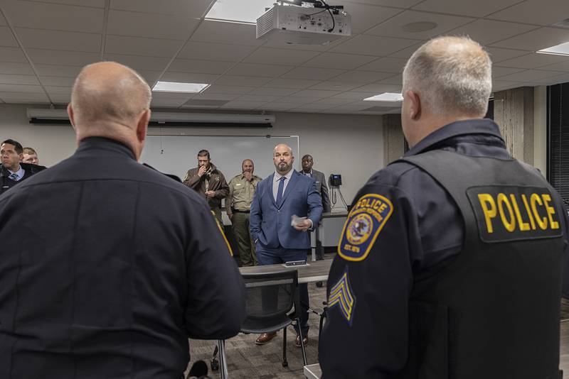 Sauk Valley College police academy director Jason Lamendola speaks to a group of police officials Tuesday, Dec. 13, 2022 during an open house of the new academy.