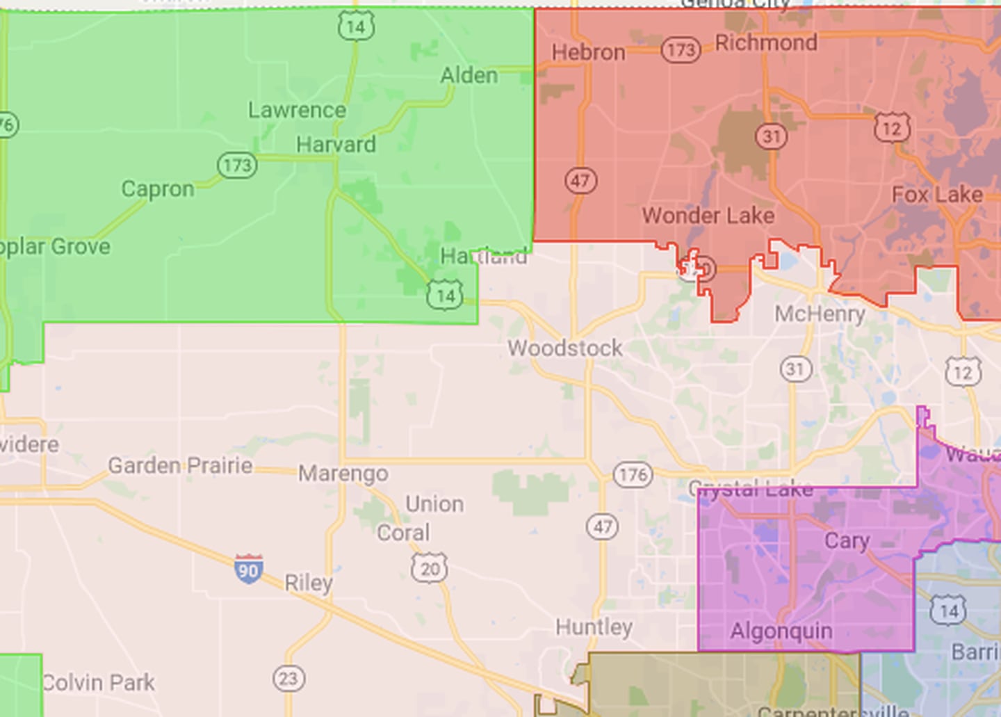 Under the new congressional maps passed by the Illinois General Assembly in October, McHenry County would have four members of Congress. The green district in the northwest corner of the county will be Illinois' 16th congressional district. The white district across most of the county will be Illinois' 11th congressional district. The purple district in the southeast corner of the county will be Illinois' 9th congressional district. The red district in the northeast corner of the county will be Illinois' 10th congressional district.