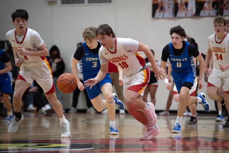 St. Anne's Grant Pomaranski, center, leads on a break away against Clifton Central in the RVC Tournament Championship on Friday, Feb. 13, 2026.