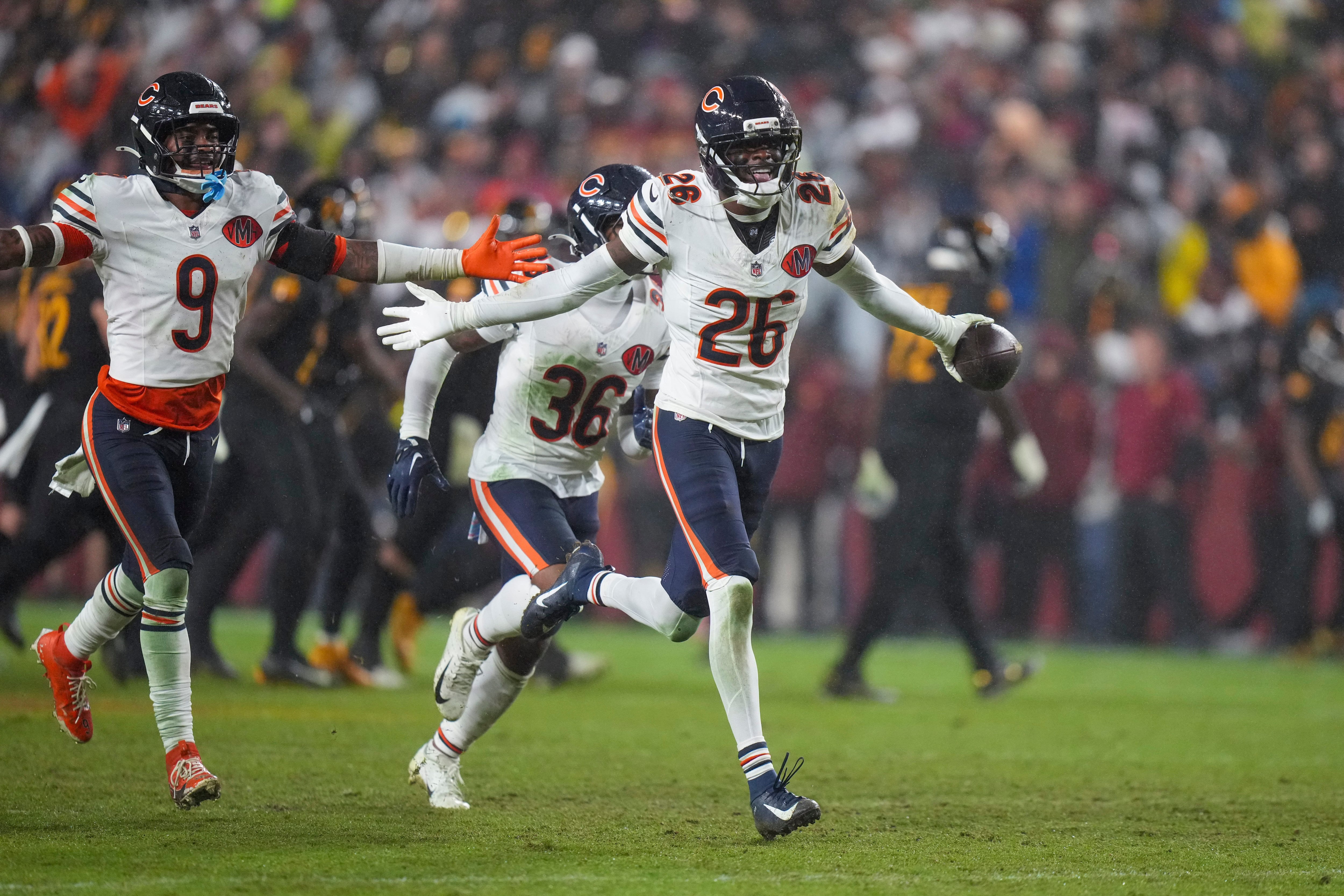 Chicago Bears cornerback Nahshon Wright (26) celebrates recovering a fumble during the second half of their game against the Washington Commanders on Monday in Landover, Maryland.