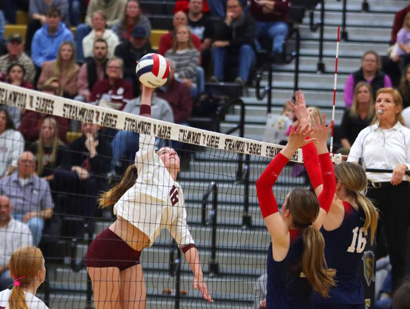 Prairie Ridge’s Addy Grider hits the ball against St. Viator in IHSA Class 3A Super-Sectional girls volleyball at Streamwood High School in Streamwood on Monday, November 10, 2025.