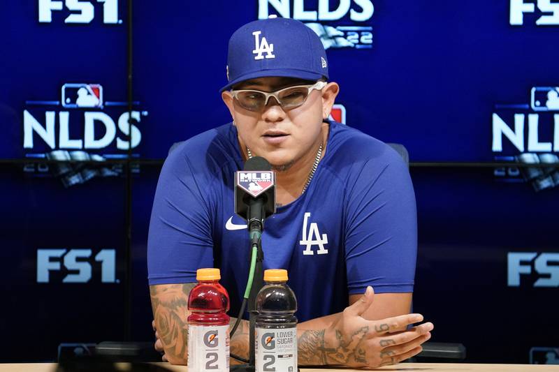 Los Angeles Dodgers pitcher Julio Urias speaks during a news conference Monday, Oct. 10, 2022, in Los Angeles for the National League division series against the San Diego Padres. (AP Photo/Mark J. Terrill)