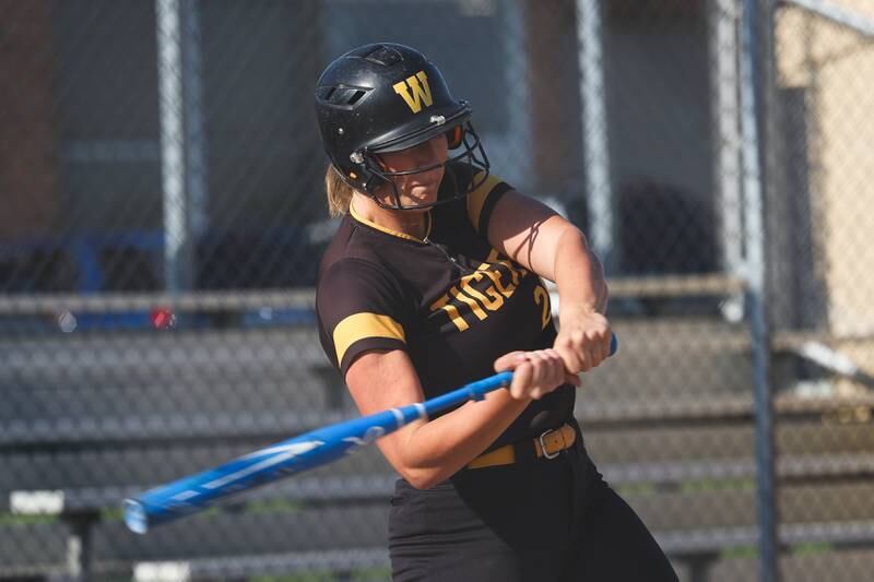 Joliet West’s Brooke Schwall connects against Plainfield Central on Wednesday, May 15, 2024 in Joliet.