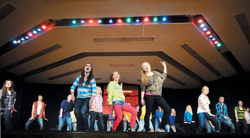 The cast of Amboy High School's Footloose rehearse March 7, 2012 for their upcoming performance.