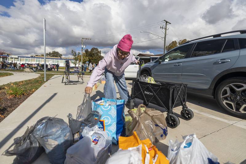 Mary McCormick loads up donated food items Saturday, Nov. 1, 2025, during the Indivisible Sauk Valley protest in Sterling. In concert with their protest, the group asked for food donations badly needed to stock the local food bank.