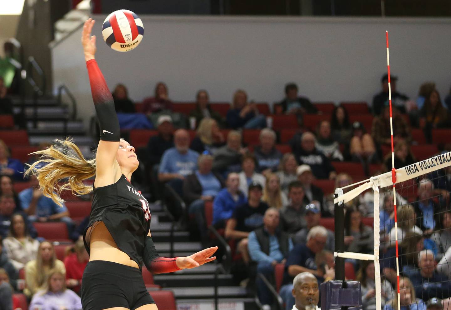 Timothy Christian's Abby VanderWal hits the ball to the Bloomington Central Catholic side of the net during the Class 2A State semifinal game on Friday, Nov. 15, 2024 at CEFCU Arena in Normal.