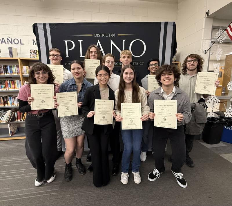 Eleven Plano High School students received State Scholar recognition for their academic accomplishments. Pictured, in the front row, Kailey Tokarski, Marysabella Llamas, Sara Makasiar, and Taylor Downs, Cayden Wells. Pictures, in the back row, Alan Davis, Ethan Roelfsema, Robin Pitner, Cayden Ronning, Antonio Silva, and Brody Simmons.