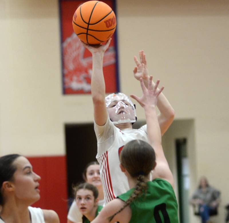 Oregon's Ella Dannhorn (3) shoots against Rock Falls during 2A regional action on Saturday, Feb. 15, 2025 at Oregon High School.