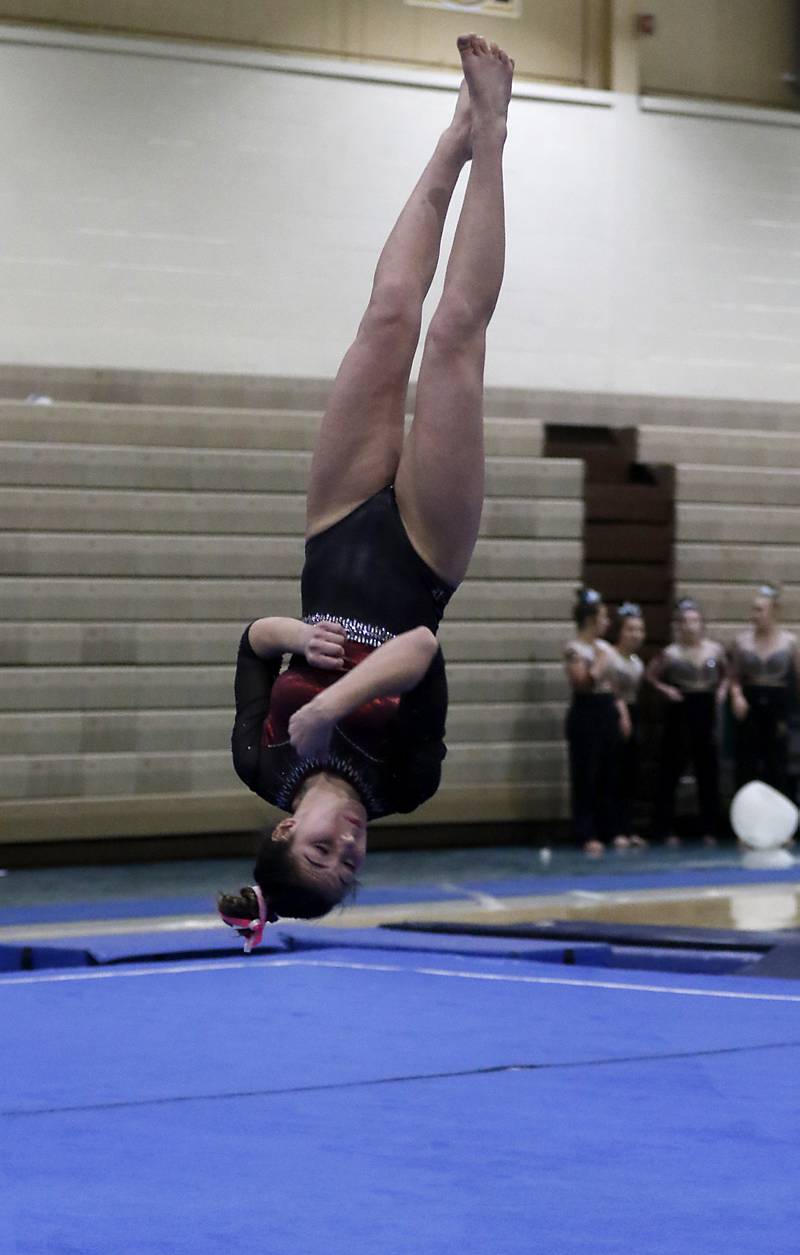 Prairie Ridge’s Maria Kakish competes in floor exercise Wednesday, Feb. 8, 2023, during  the IHSA Stevenson Gymnastics Sectional at Stevenson High School in Lincolnshire.