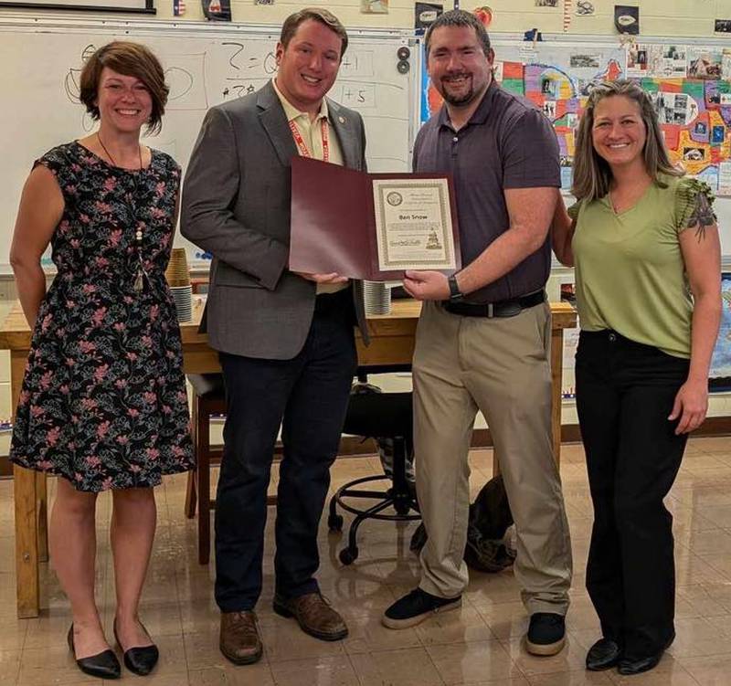 (Left to right); Challand Middle School principal Elizabeth Engstrom, State Rep. Brad Fritts, Ben Snow, and former Challand Middle School principal Lindsy Stumpenhorst