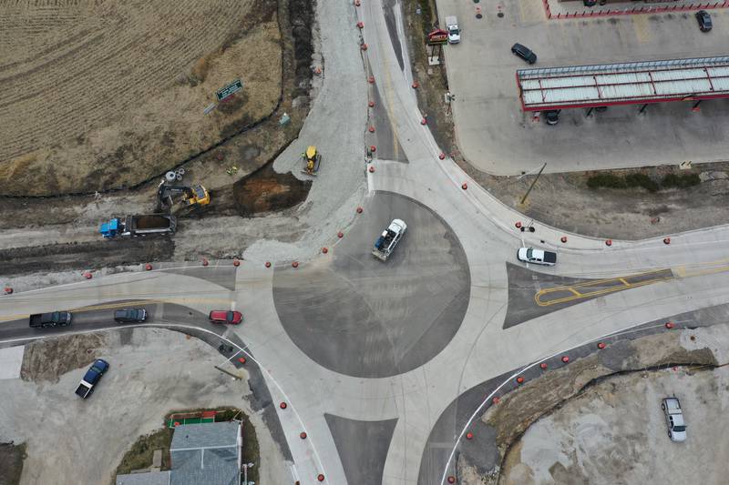 Workers continue to work on the Roundabout on Wednesday, March 29, 2023 at U.S. Route 6 and Illinois 178 in Utica.