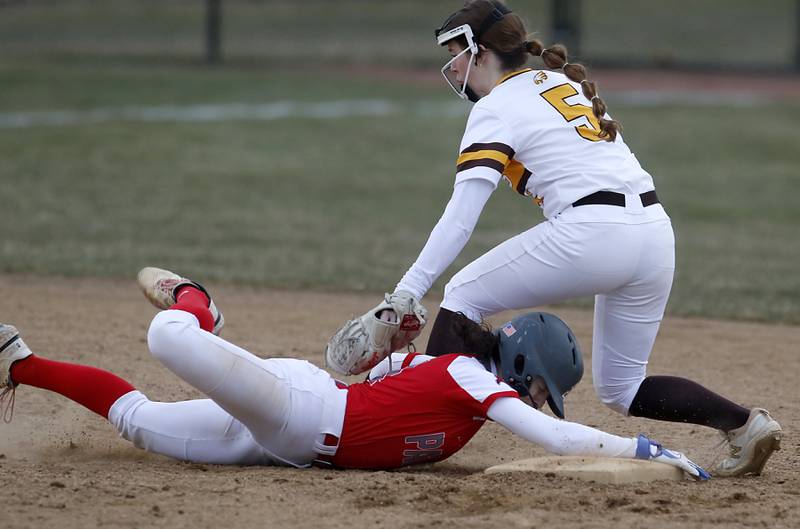 Palatine’s Grace Adame beats the tag of Jacob’s Isla Vicari as she dives back into second base during a non-conference softball game Monday, March 20, 2023, at Palatine High School.
