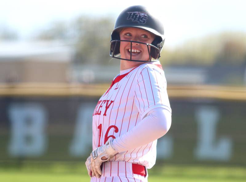 Huntley’s Lyla Ginczycki reacts after arriving safe at first with a single against Prairie Ridge in varsity softball at Huntley High School in Huntley on Monday, May 5, 2025.