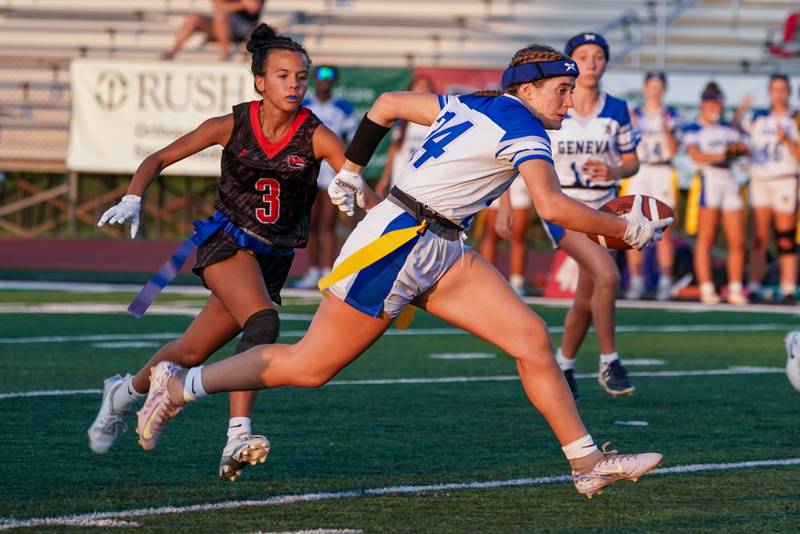 Geneva’s Frances Rose Myszkowski (24) runs after the catch against Yorkville's Allena Triner (3) during a non-conference game at Yorkville High School on Tuesday, Sept. 2, 2025.