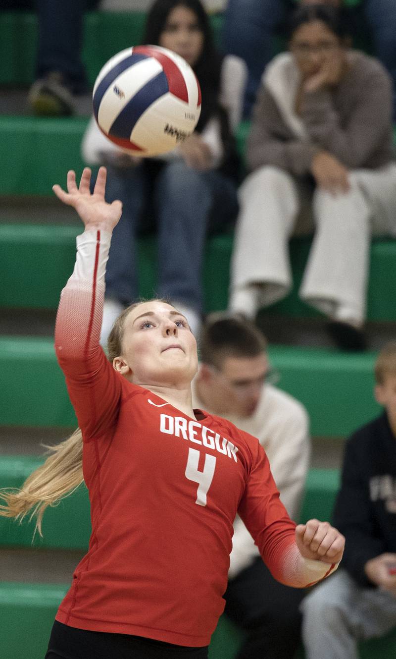 Oregon’s Shaylee Davis makes a play against EP Tuesday, Oct. 28, 2025, in the Class 2A regional semifinal at Rock Falls.