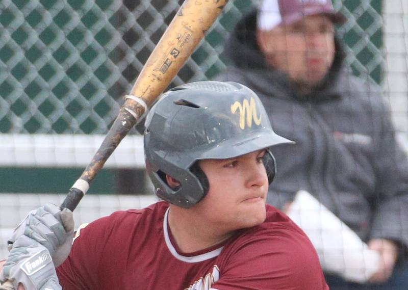 Morris's Griffin Zweeres stands in the box to bat against L-P on Wednesday, April 17, 2024 at Huby Sarver Field inside the L-P Athletic Complex in La Salle.