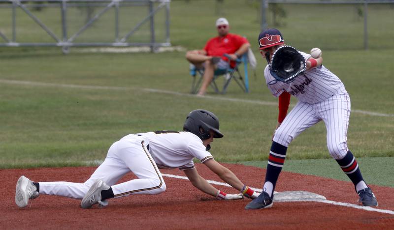 The Canes Max Rizzi dives back to first base and the RBA’s Cayden Welter receives the pickup throw from his catcher during the opening round of the Under 13 McHenry County Youth Sports Association’s Summer International Championship baseball tournament on Friday, July 11, 2025, at the Mickey Sund Baseball Complex in Crystal Lake's Lippold Park.