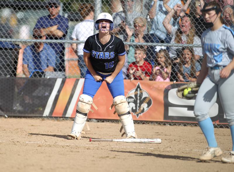 St. Charles North’s Sophia Olman cheers for her team as they rally some runs during an IHSA Class 4A St. Charles East Sectional semifinal game against Lake Park on Wednesday, June 1, 2022.