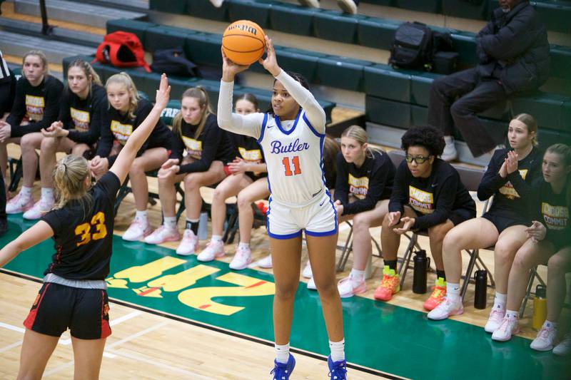 Butler's Xyanna Walton shoots a three pointer over Batavia's Natalie Warner during the Dave Yates Chicagoland Showcase on Saturday, Dec7,2024 at Fremd in Palatine.