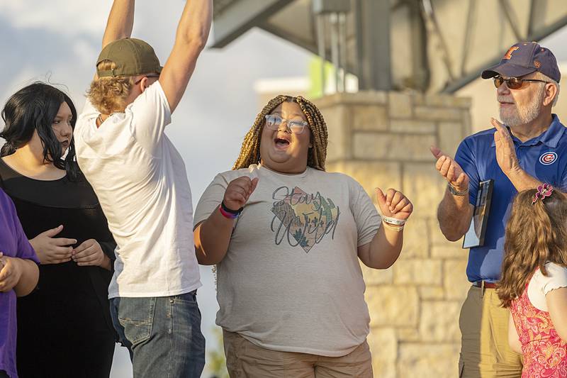 Alliah Haines-Penny celebrates her first-place finish Thursday, Aug. 9, 2024 in the finals of Rock Falls Tourism’s Sauk Valley Talent Competition.