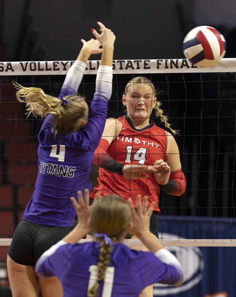 Timothy Christian's Audrey Williams watches her shot against El Paso-Gridley Saturday, Nov. 16, 2024, in the Class 2A third place state volleyball match at CEFCU Arena in Normal.