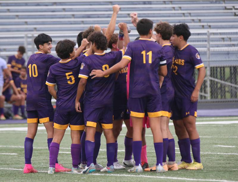 Members of the Mendota soccer team break out in a huddle before playing Winnebago on Wednesday, Oct. 4, 2023 at Mendota High School.