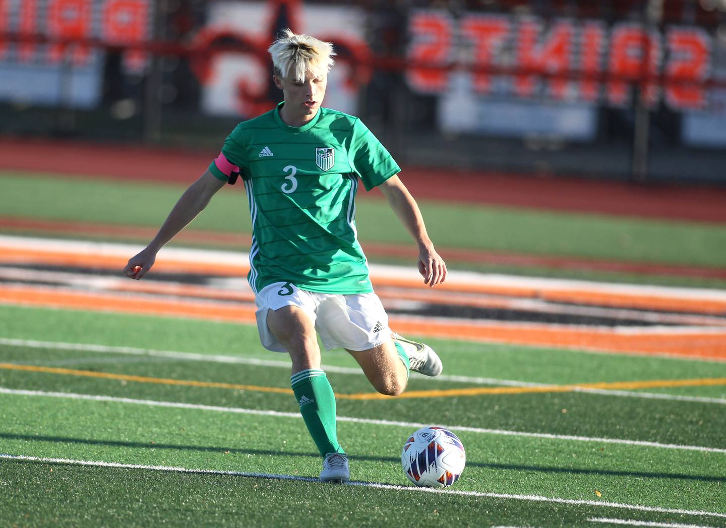 York’s Ryder Kohl kicks the ball during their Class 3A St. Charles East Sectional semifinal game against Addison Trail on Wednesday, Oct. 26, 2022.