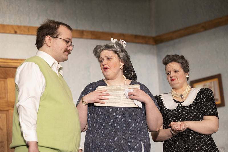 Cast members John Kruger, Katelyn Kruger and Rebekah Megill rehearse a scene Wednesday, Feb. 11, 2026, for PACT’s rendition of “A Murder is Announced.”