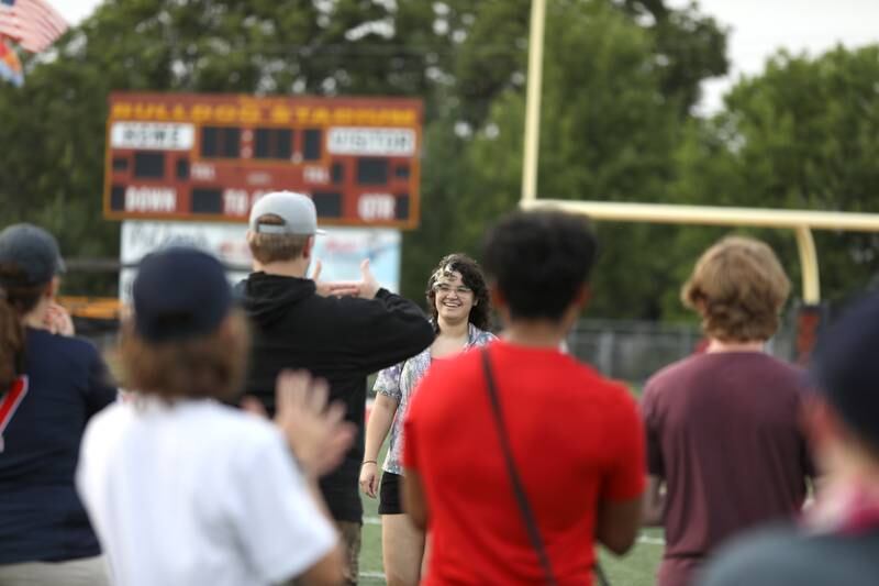 Brandi McGee, a Batavia High School staff member, leads the school’s marching band through choreography during band camp at the school on Tuesday, July 30, 2024.