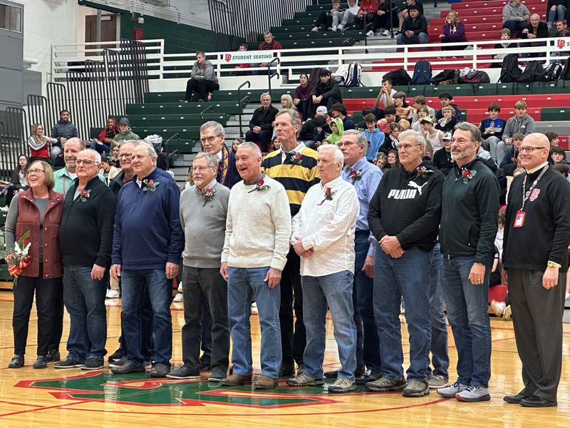 Members of the the 1969-1970 boys basketball team are honored at halftime in Sellett Gymnasium as part of the 2023  L-P Hall of Fame class on Friday, Jan. 13, 2023 at L-P High School.