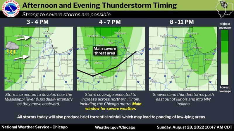 Thunderstorms will begin moving into areas near and just west of I-39 by mid-afternoon and progress eastward through the evening. The primary threat for any severe weather exists north of I-80 from the late afternoon through mid-evening.