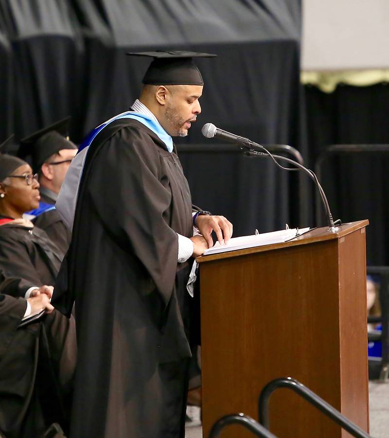 Mr. Chris Grays, principal of Oswego High School speaks at the Oswego High School Class of 2023 Commencement on Saturday, May 20, 2023 in DeKalb.
