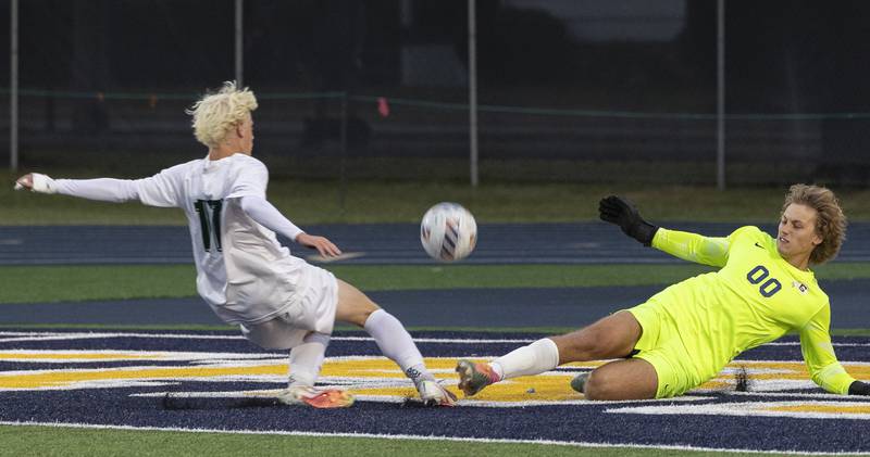 Sterling goalie Rex Blackburn kicks the ball away from Geneseo’s Cole Clifton Tuesday, October. 1, 2024, at Sterling High School.