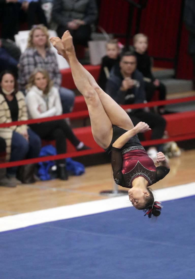 Prairie Ridge’s Gabriella Riley competes in the floor exercise during the IHSA Girls Gymnastics State Finals Saturday February 19, 2022 at Palatine High School.