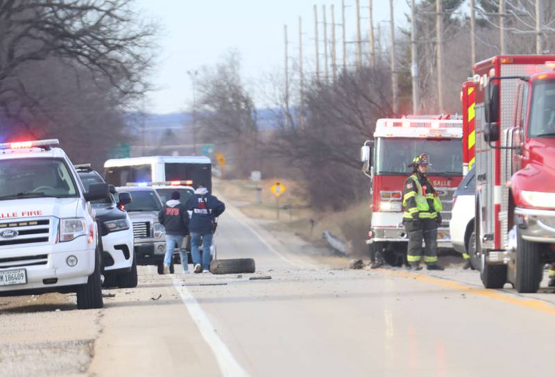La Salle Police, Fire and EMS work the scene of a three vehicle crash near the entrance to La Sale Speedway on Monday, Jan. 12, 2026 on U.S. Route 6 in La Salle. The crash happened around 8:30a.m. Crews from Utica and La Salle responded to the scene. OSF Lifeflight helicopter landed in the parking lot of La Salle Speedway to transport one patent.