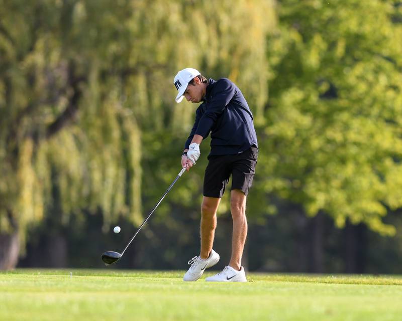 Gavin Baxa of Plainfield South hits a drive during the PPlainfield Central regional on Wednesday Oct. 1, 2025, held at Wedgewood Golf Course in Plainfield.